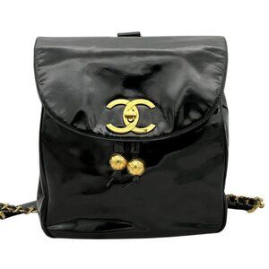 Chanel CC Vintage Backpack Bag Patent Leather Black Turnlock Chain